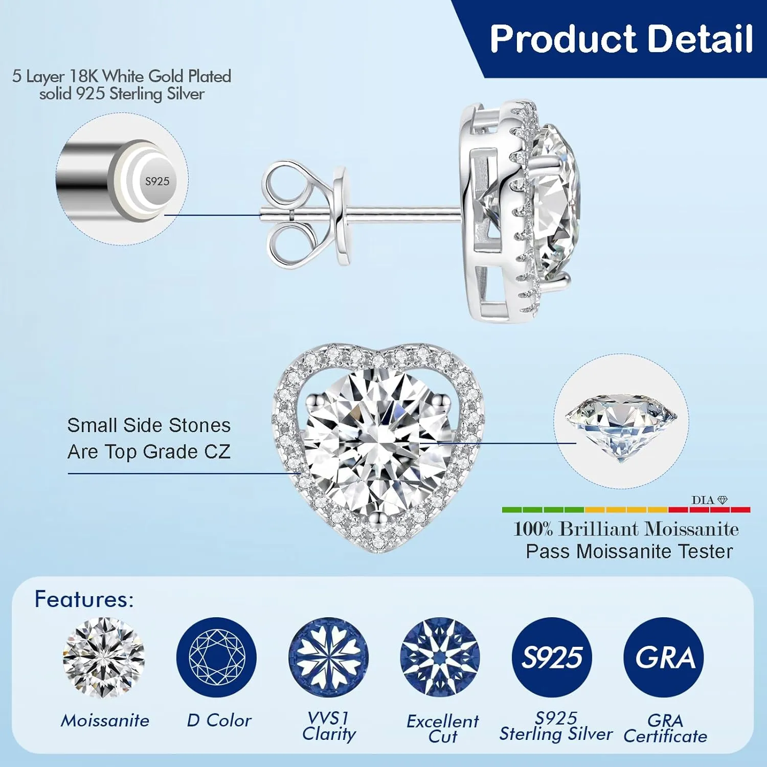 1-4ct Moissanite Stud Earrings for Women - Halo Heart 925 Sterling Silver D Color Ideal Cut Earrings with Certificate of Authenticity