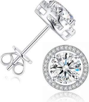 1-4ct Moissanite Stud Earrings for Women - Halo Round 925 Sterling Silver D Color Ideal Cut Earrings with Certificate of Authenticity