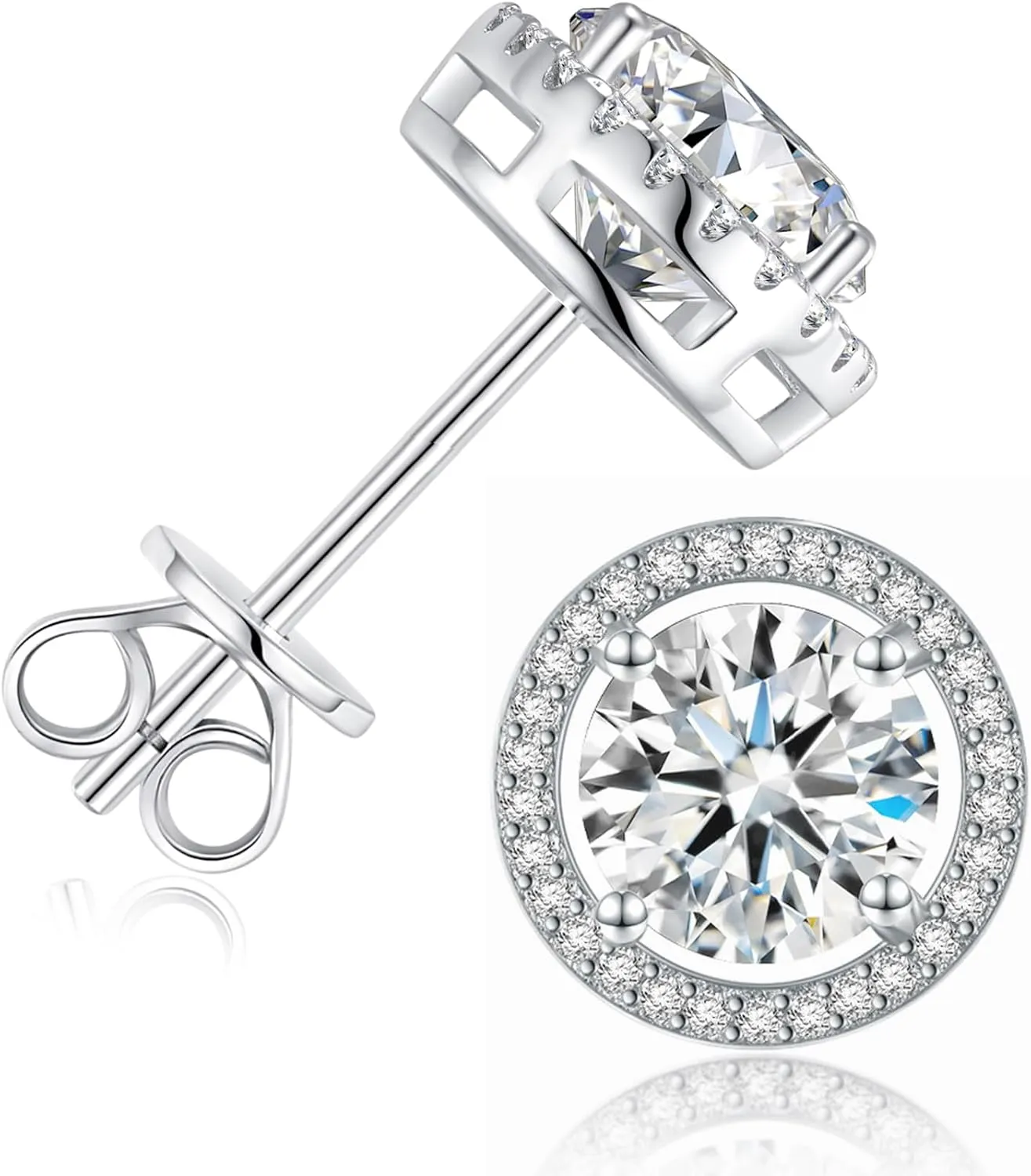 1-4ct Moissanite Stud Earrings for Women - Halo Round 925 Sterling Silver D Color Ideal Cut Earrings with Certificate of Authenticity