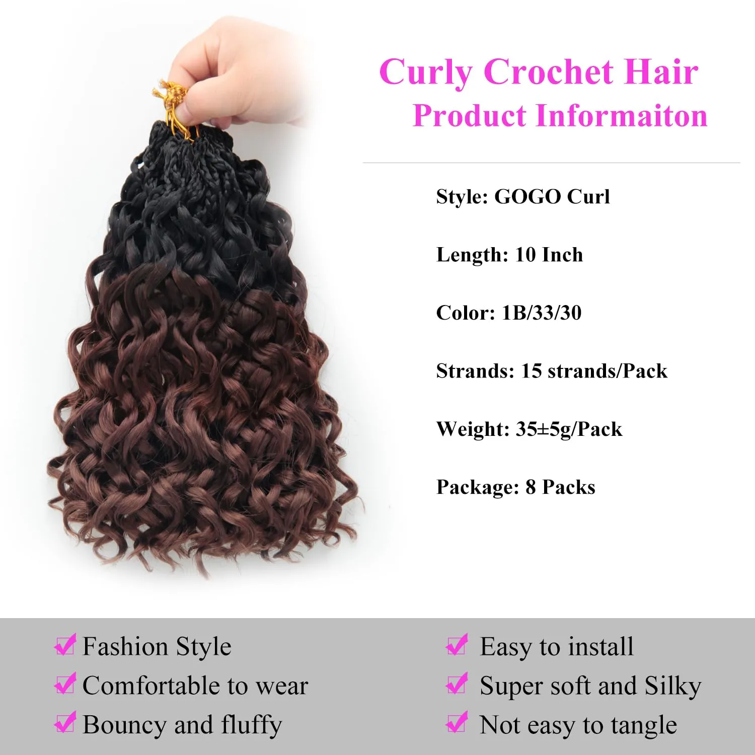 10 Inch Pre Looped Crochet Hair for Black Women Girls&Kids-8 Packs Gogo Curl/Beach Curl/Ocean/Water/Deep Wave Synthetic Hair Tangle-Free Full&Natural Look Long-Lasting for Daily Wear(1B/33/30)