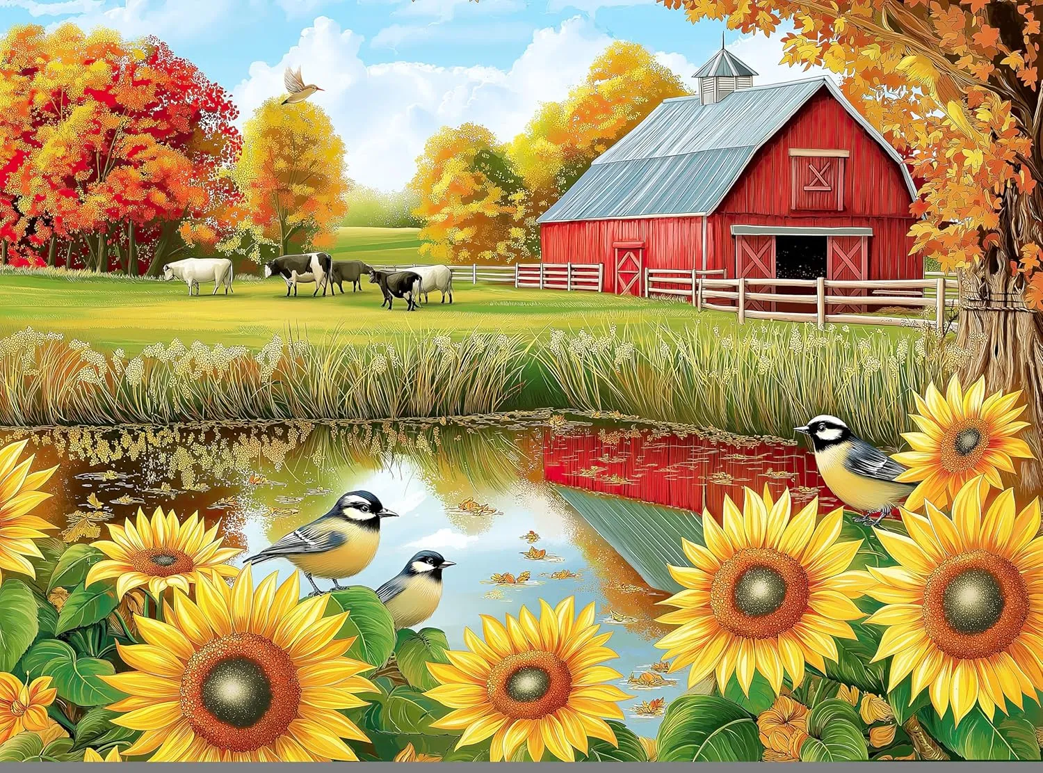 1000 Piece Jigsaw Puzzle for Adults - Sunflowers Birds and Cows by The Barn on The Country Farm - Challenging Puzzle - Perfect for Game Nights - Colorful - 20x27 inch