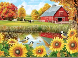 1000 Piece Jigsaw Puzzle for Adults - Sunflowers Birds and Cows by The Barn on The Country Farm - Challenging Puzzle - Perfect for Game Nights - Colorful - 20x27 inch