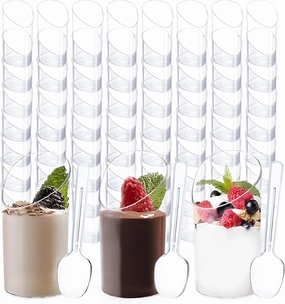 100 Pack 2.7 Oz Pack Mini Dessert Cup with Spoons Small Plastic Dessert Cups Clear Parfait Appetizer Slanted Round Cups for Ice Cream Appetizer Mousse Pudding