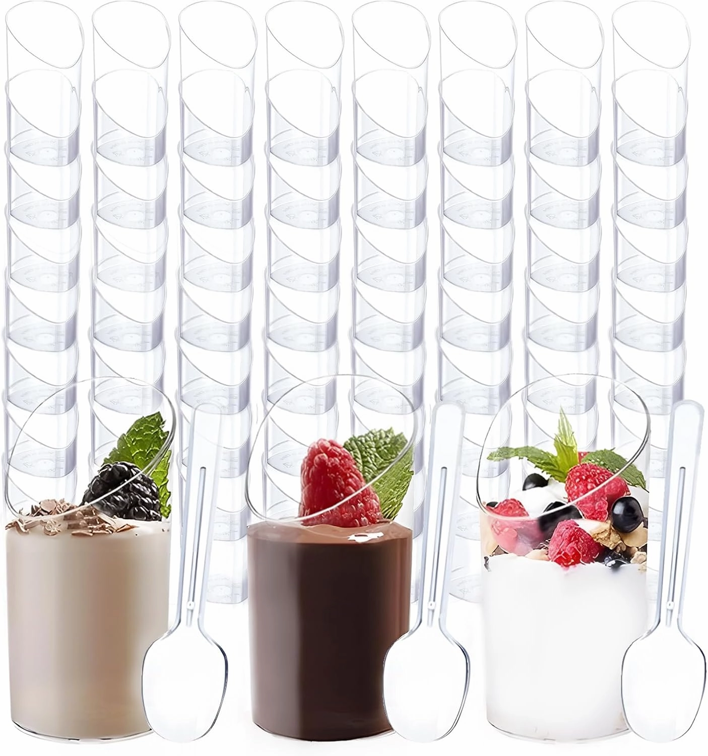100 Pack 2.7 Oz Pack Mini Dessert Cup with Spoons Small Plastic Dessert Cups Clear Parfait Appetizer Slanted Round Cups for Ice Cream Appetizer Mousse Pudding