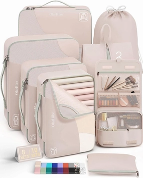 10 Set/8 Set Packing Cubes for Travel, Gifts for Women Mom,Anti-Tearing Suitcase Organizer for Luggage with Shoe & Hanging Toiletry Bag,OlarHike Vacation Essentials & Accessories for Cruise Ship,Cream