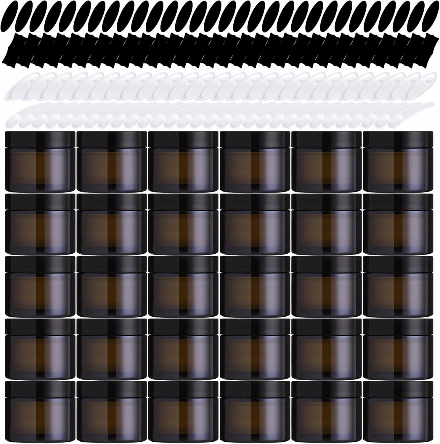 120Pcs 60g Amber Glass Jars Assortment Kit with Inner Liners and Black Lids, Spoons and blank labels for Storing Lip and Body Scrub, Lotion, Body Butter, Bath Salts