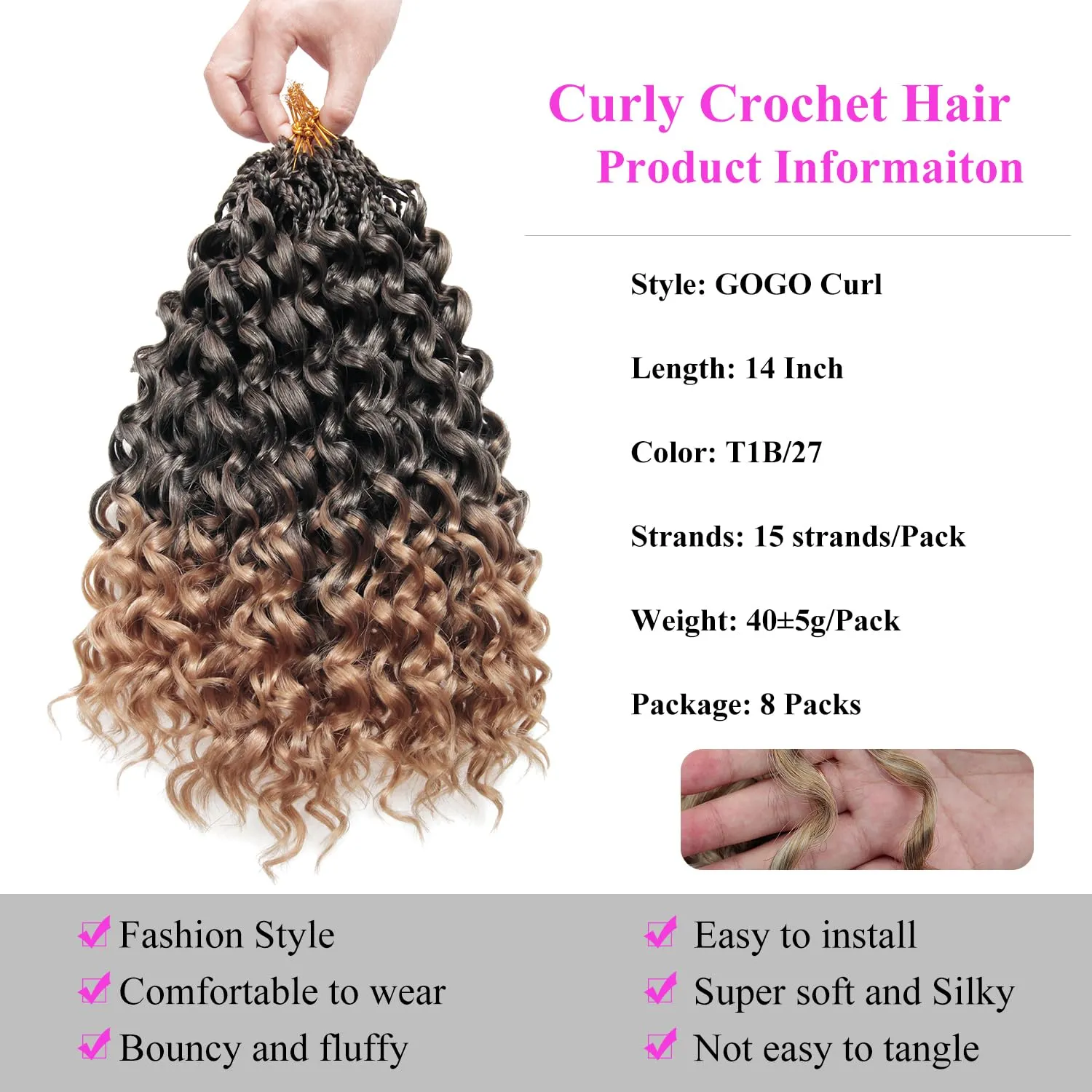 14 Inch Pre Looped Crochet Hair for Black Women Girls&Kids-8 Packs Gogo Curl/Beach Curl/Ocean/Water/Deep Wave Synthetic Hair Tangle-Free Full&Natural Look Long-Lasting for Daily Wear(T1B/27)