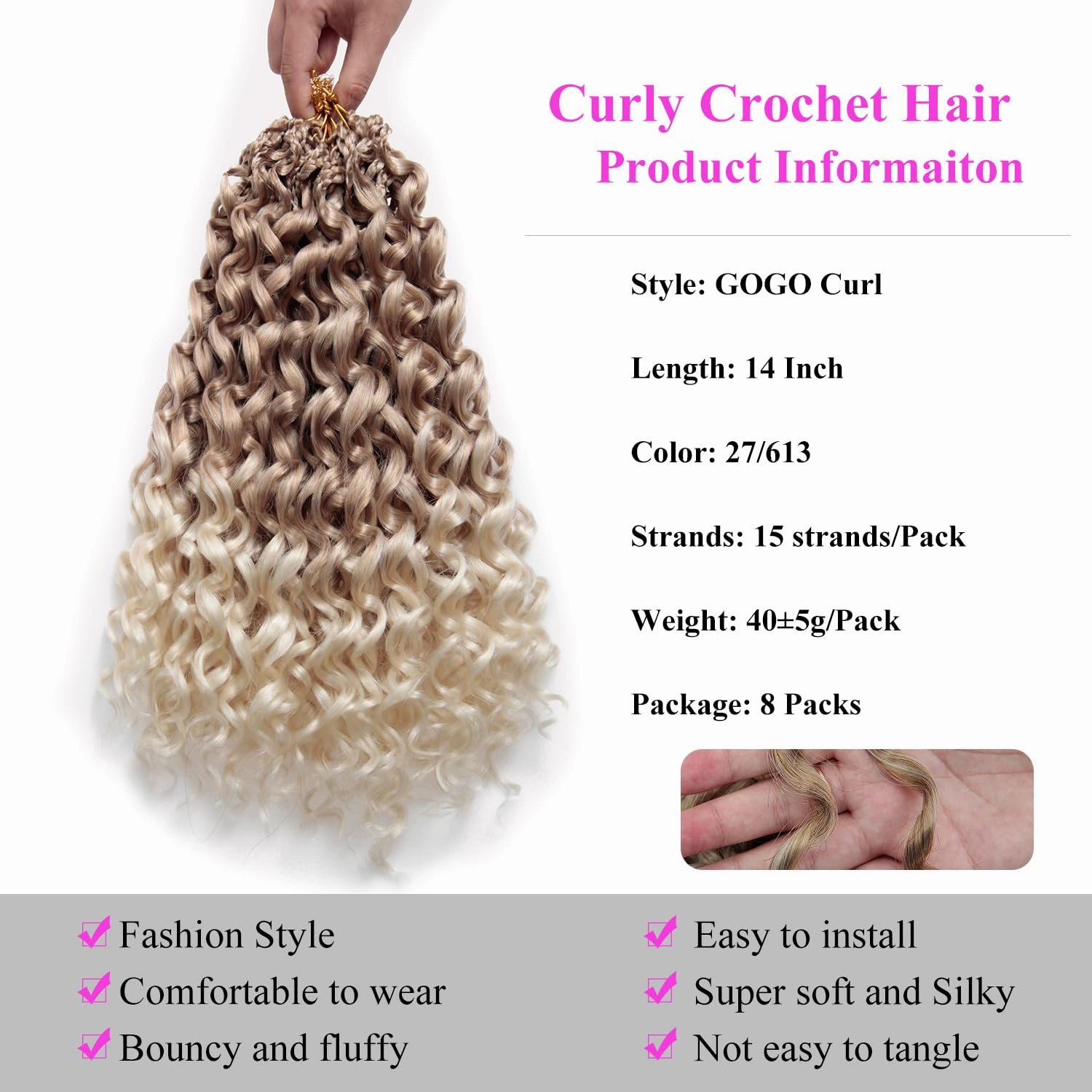 14 Inch Pre Looped Crochet Hair for Black Women Girls&Kids-8 Packs Gogo Curl/Beach Curl/Ocean/Water/Deep Wave Synthetic Hair Tangle-Free Full&Natural Look Long-Lasting for Daily Wear(27/613)
