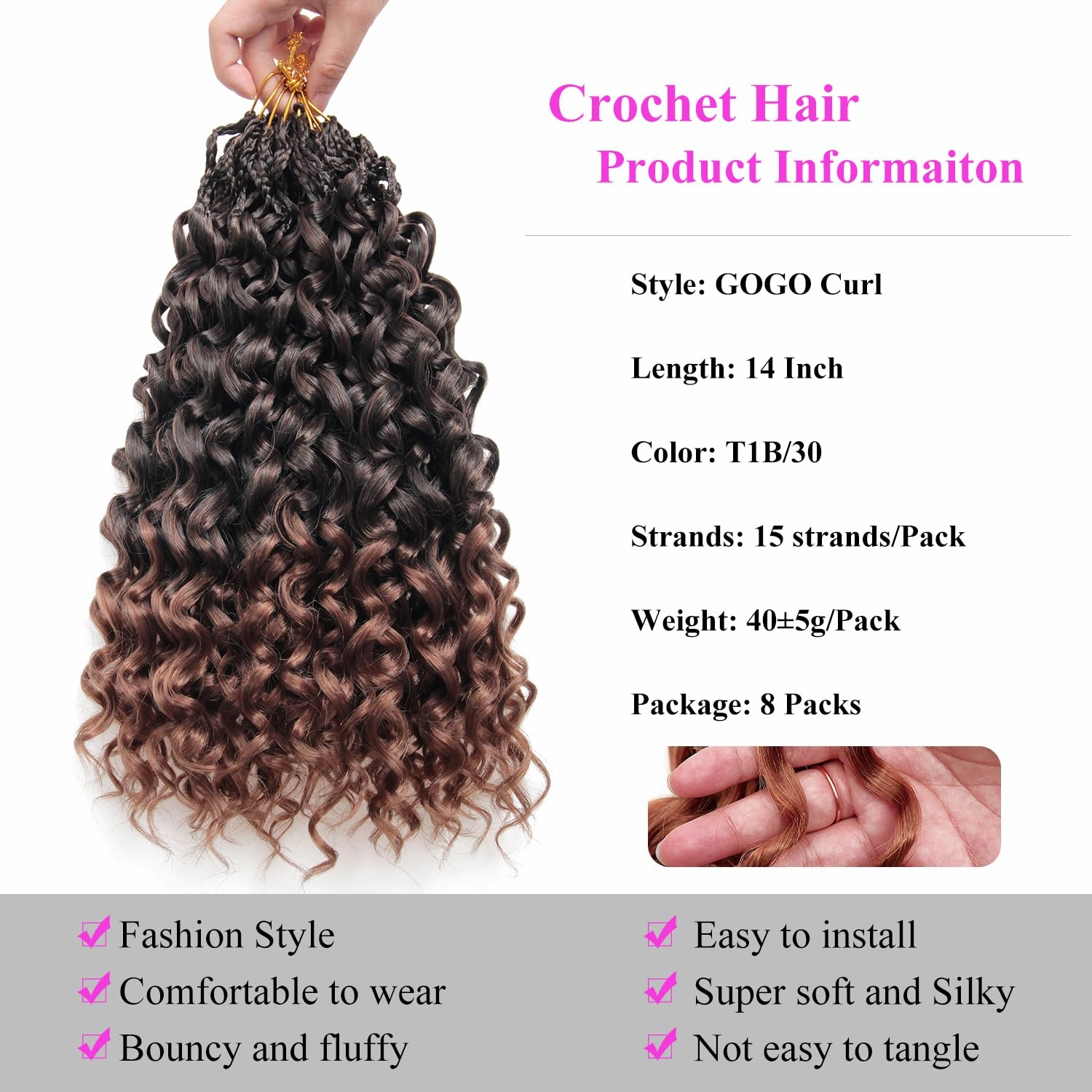 14 Inch Pre Looped Crochet Hair for Black Women Girls&Kids-8 Packs Gogo Curl/Beach Curl/Ocean/Water/Deep Wave Synthetic Hair Tangle-Free Full&Natural Look Long-Lasting for Daily Wear (T1B/30)