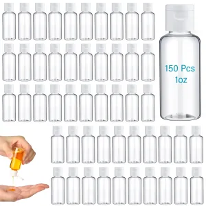 150 Pcs 1oz Travel Bottles Bulk for Toiletries Clear Small Travel Size Bottles Bulk Refillable Empty Containers for Shampoo Lotion Liquid Body Soap Cream Toiletries (White Cap)