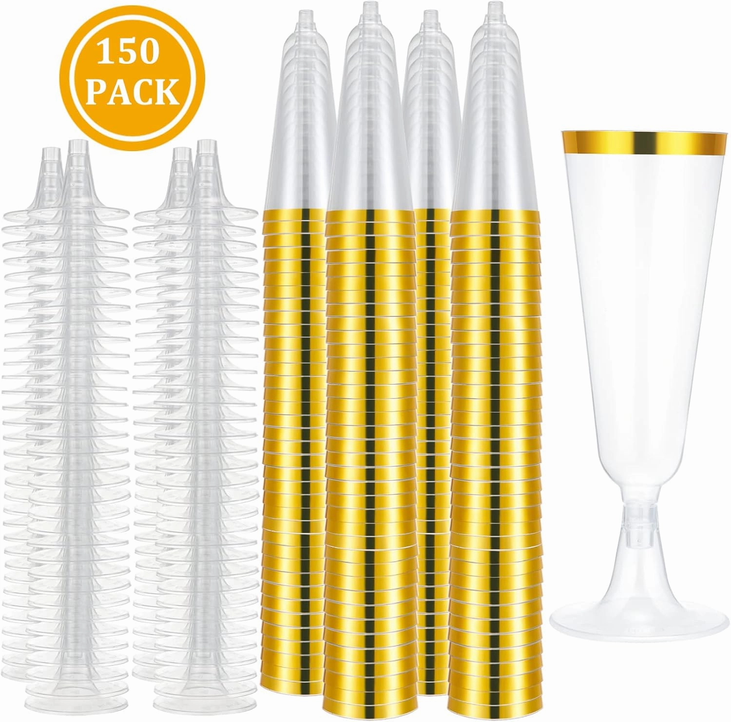 150 Pcs Gold Plastic Champagne Flutes - Clear Disposable Crystal Wine Glasses for Wedding Toasting, Party Cocktail Cups