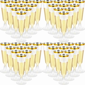 150 Pcs Gold Plastic Champagne Flutes - Clear Disposable Crystal Wine Glasses for Wedding Toasting, Party Cocktail Cups