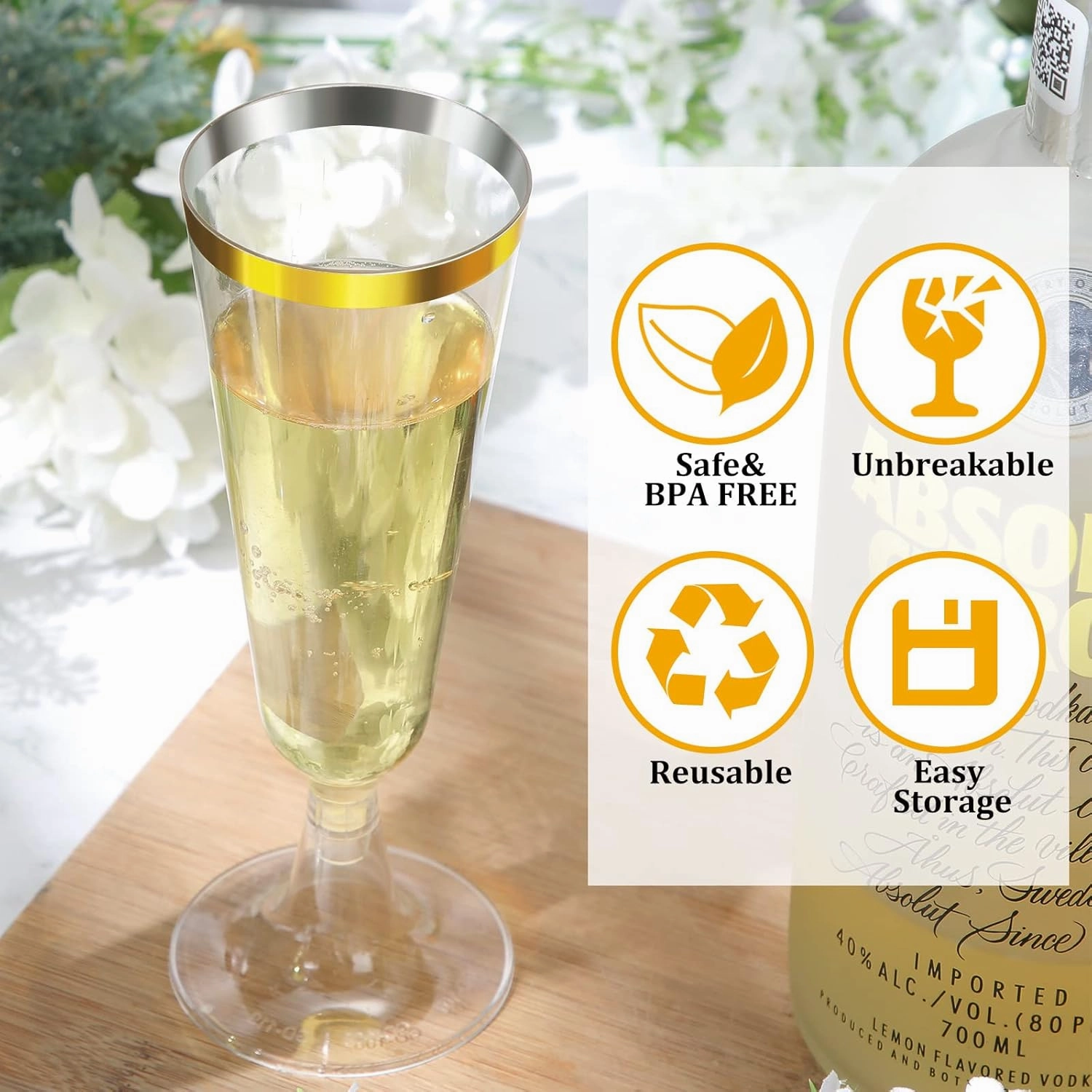 150 Pcs Gold Plastic Champagne Flutes - Clear Disposable Crystal Wine Glasses for Wedding Toasting, Party Cocktail Cups
