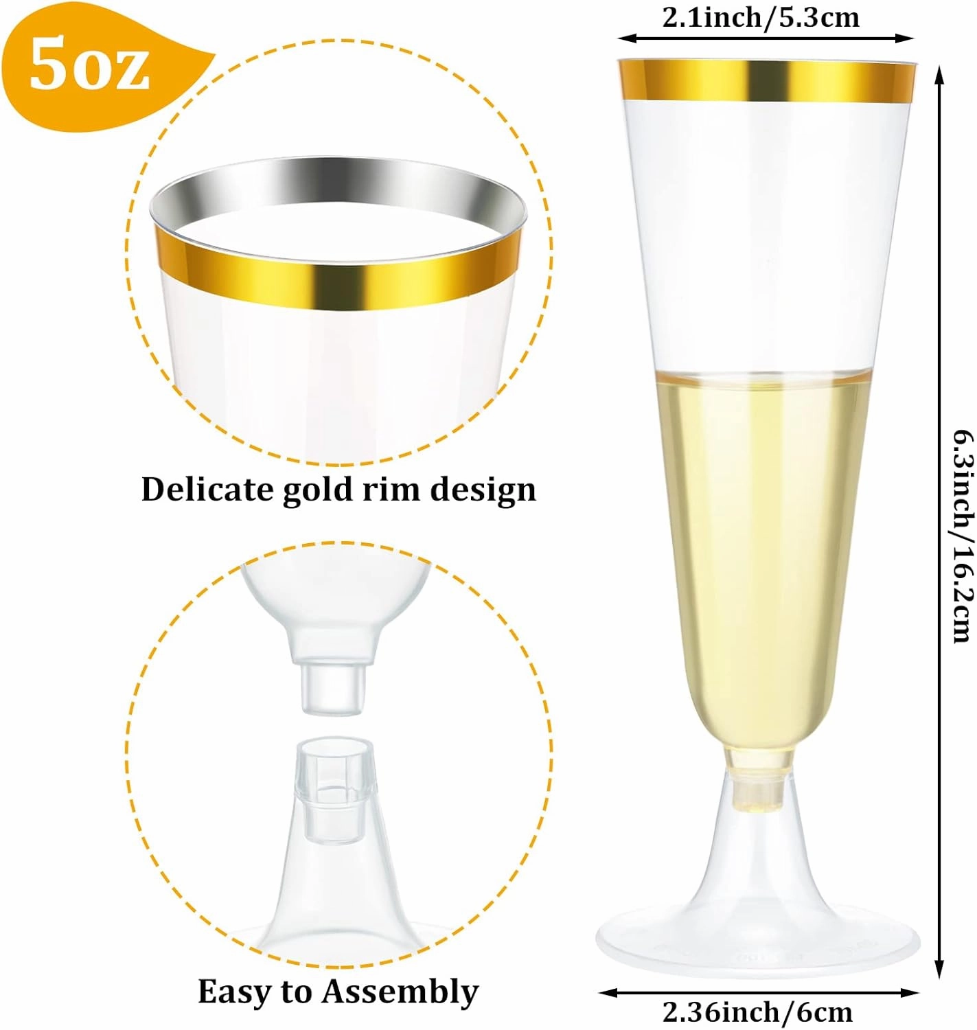 150 Pcs Gold Plastic Champagne Flutes - Clear Disposable Crystal Wine Glasses for Wedding Toasting, Party Cocktail Cups