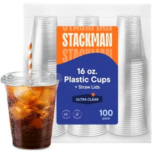 16 oz Clear Plastic Cups with Straw-Slot Lids [100 Sets] PET Crystal Clear Disposable Cups with Lids - Durable Cup. BPA Free   Crack Resistant, for Coffee, Juice, Shakes