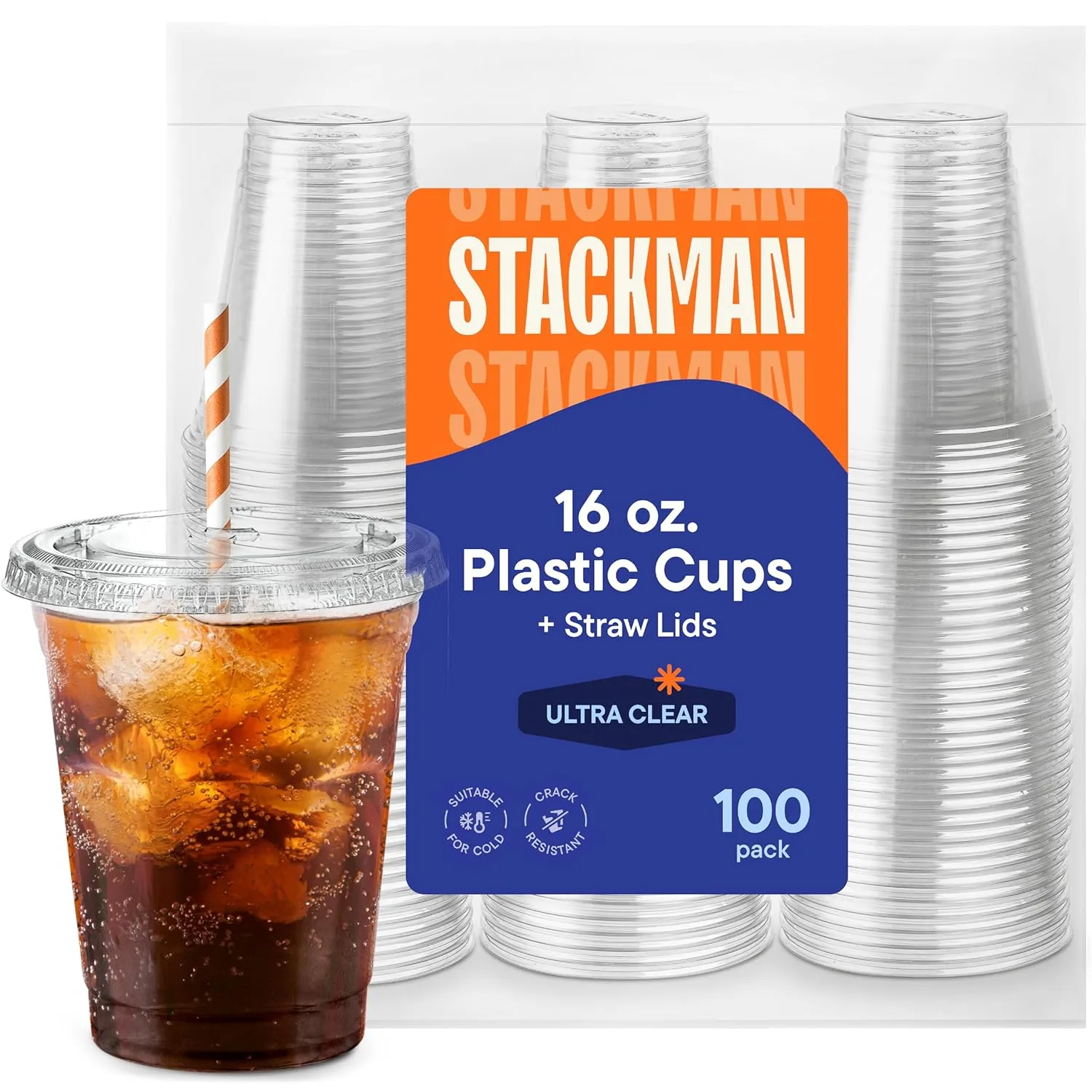 16 oz Clear Plastic Cups with Straw-Slot Lids [100 Sets] PET Crystal Clear Disposable Cups with Lids - Durable Cup. BPA Free   Crack Resistant, for Coffee, Juice, Shakes