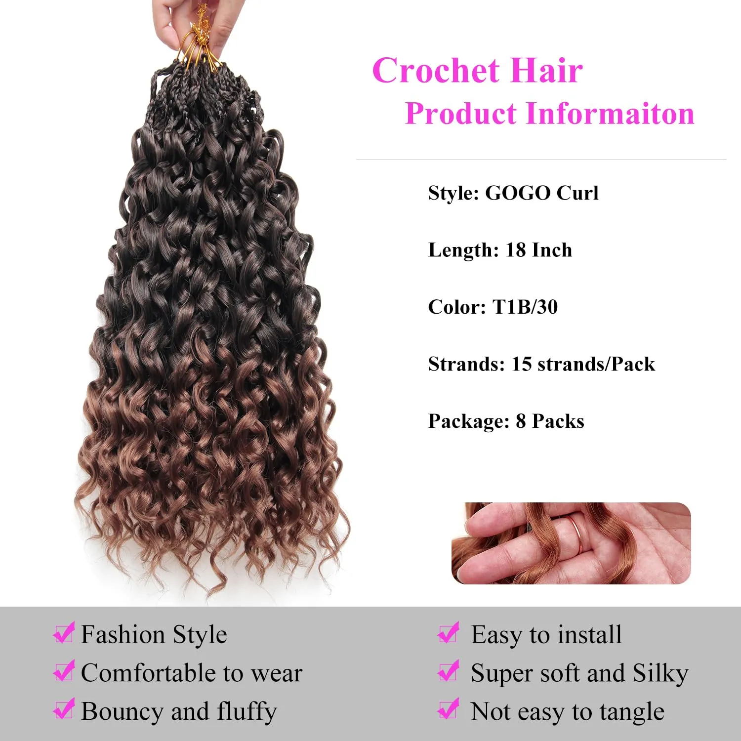 18 Inch Pre Looped Crochet Hair for Black Women Girls&Kids-8 Packs Gogo Curl/Beach Curl/Ocean/Water/Deep Wave Synthetic Hair Tangle-Free Full&Natural Look Long-Lasting for Daily Wear(T1B/30)