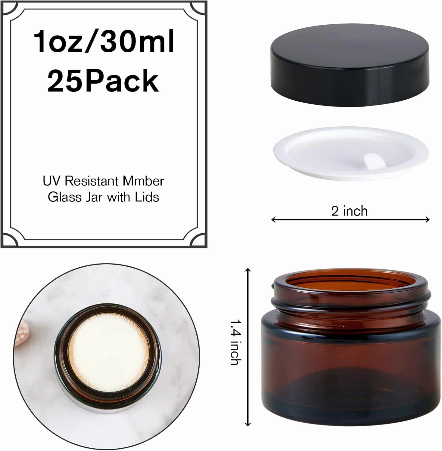 1oz Glass Jar with Lid, Hoa Kinh 30Pack Amber Round Containers Cosmetic Glass Jars with Inner Liners and Black Lids Travel Jars for Storing Lip and Body Scrub, Lotion, Body Butter, Bath Salts, Liquid