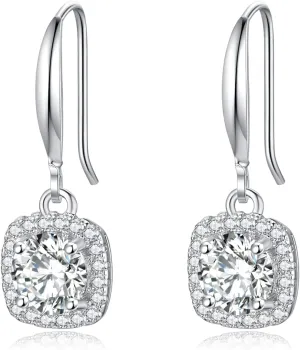 2-4CT Moissanite Dangle Earrings, Halo Square D Color Ideal Cut Moissanite 925 Sterling Silver Earrings for Women with Certificate of Authenticity