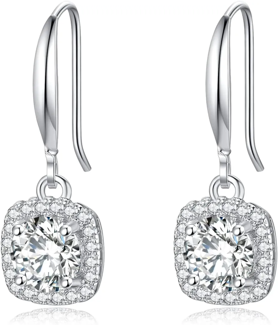 2-4CT Moissanite Dangle Earrings, Halo Square D Color Ideal Cut Moissanite 925 Sterling Silver Earrings for Women with Certificate of Authenticity