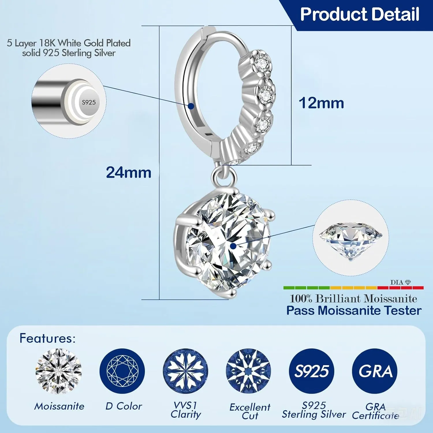 2-6CT Moissanite Hoop Earrings for Women, 6P D Color Ideal Cut 925 Sterling Silver Simulated Moissanite Dangle Earrings with Certificate of Authenticity