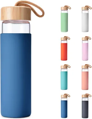 20 Oz Borosilicate Glass Water Bottle with Bamboo Lid and Silicone Sleeve – Reusable BPA Free Drinking Bottle with Lids - Cute Bottle for Women - Glass Shaker Bottle (Navy Blue)