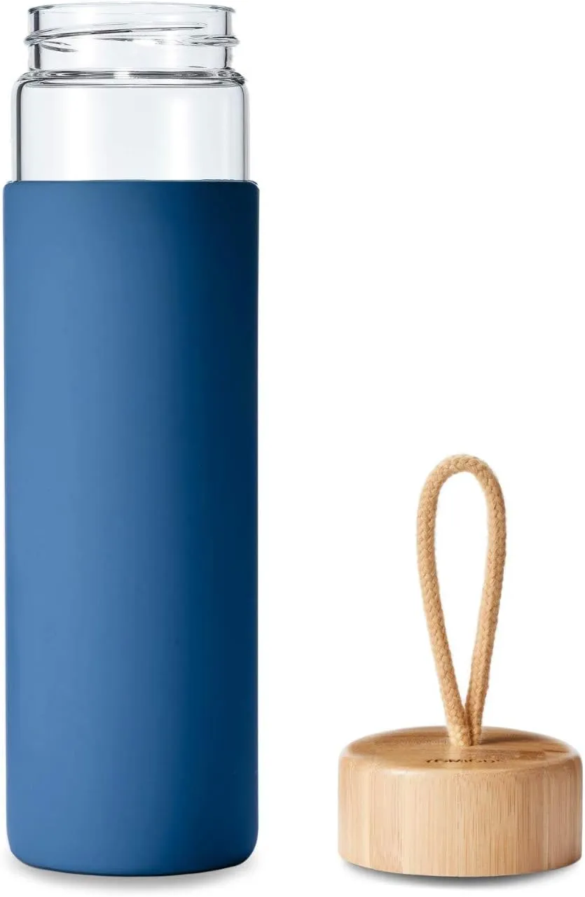 20 Oz Borosilicate Glass Water Bottle with Bamboo Lid and Silicone Sleeve – Reusable BPA Free Drinking Bottle with Lids - Cute Bottle for Women - Glass Shaker Bottle (Navy Blue)