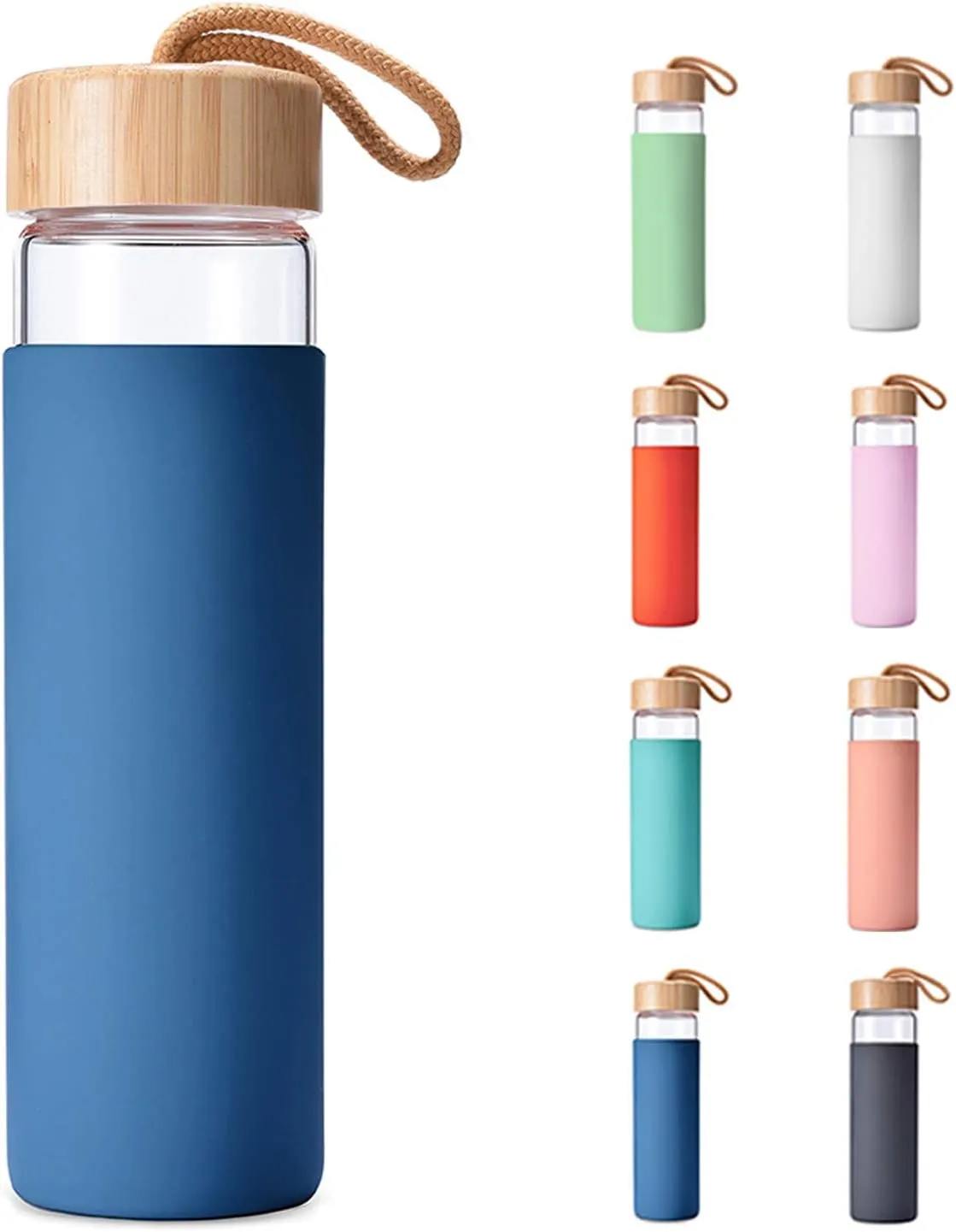 20 Oz Borosilicate Glass Water Bottle with Bamboo Lid and Silicone Sleeve – Reusable BPA Free Drinking Bottle with Lids - Cute Bottle for Women - Glass Shaker Bottle (Navy Blue)