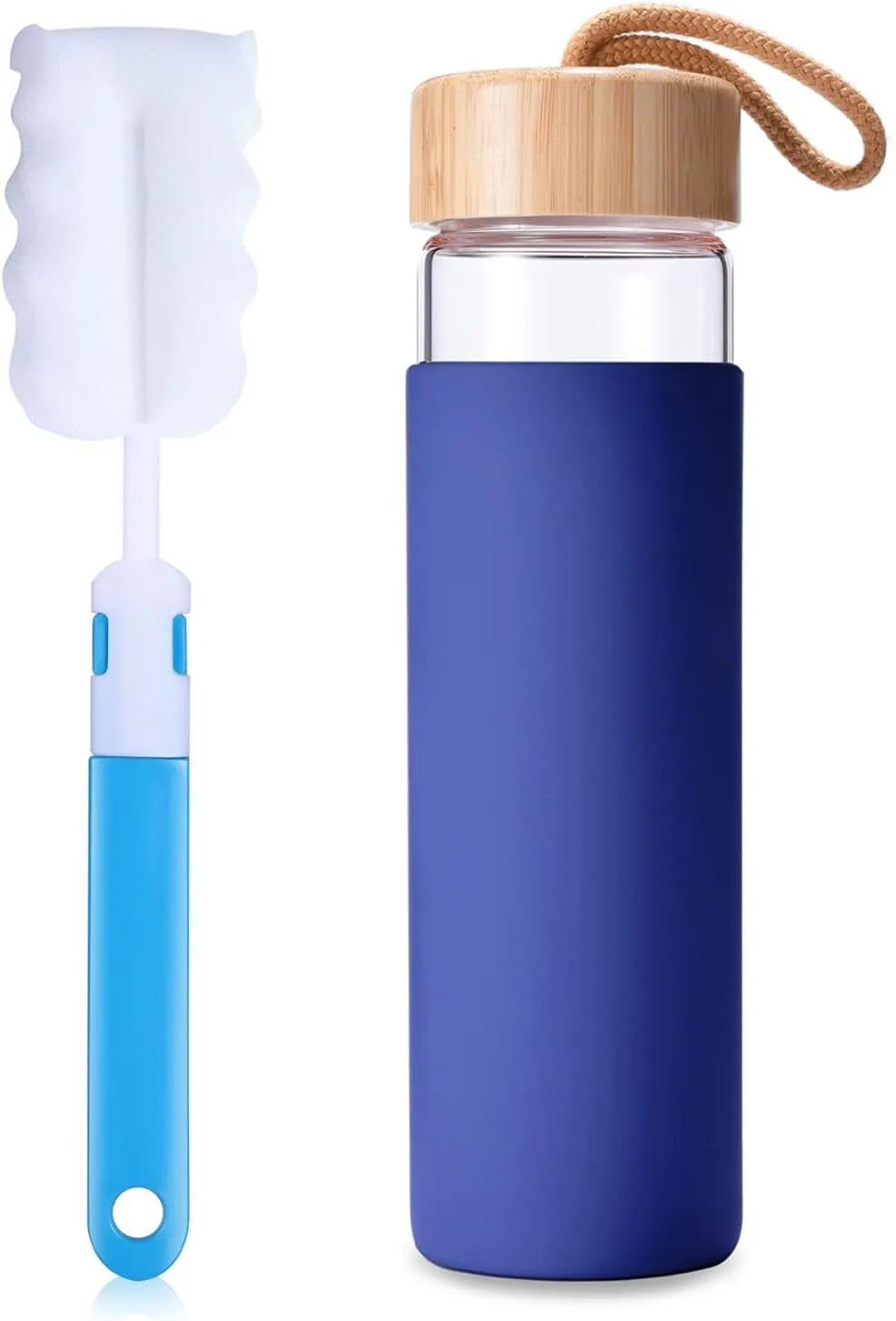 20 Oz Borosilicate Glass Water Bottle with Bamboo Lid and Silicone Sleeve – Reusable BPA Free Drinking Bottle with Lids - Cute Bottle for Women - Glass Shaker Bottle (Navy Blue)