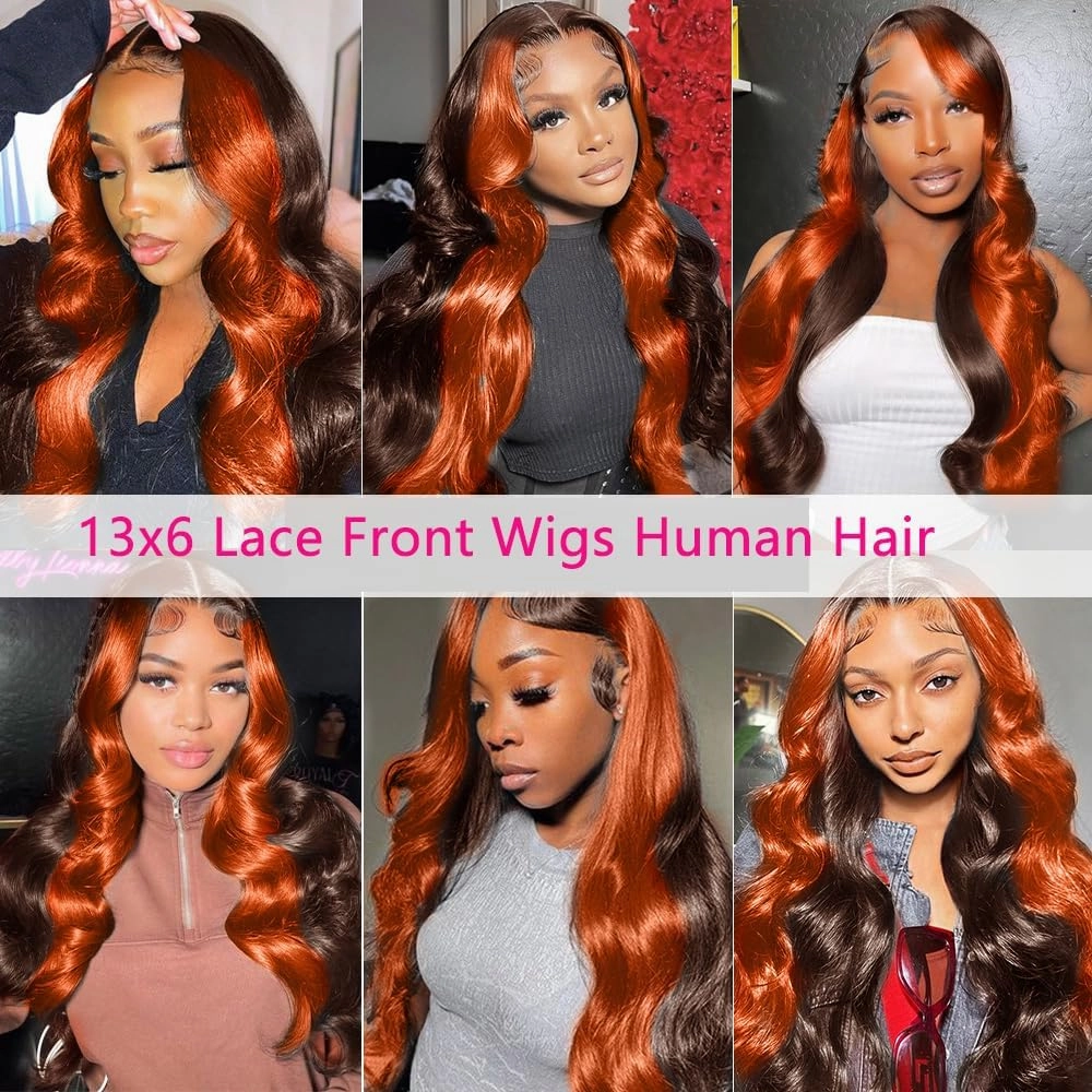 200% Density 13X6 Ginger 30 Inch Lace Front Wigs Human Hair Pre Plucked for Women Ombre 13X6 HD Transparent #350 Highlight Lace Front Wigs Human Hair Glueless Orange Colored Lace Front Wigs (30Inch)