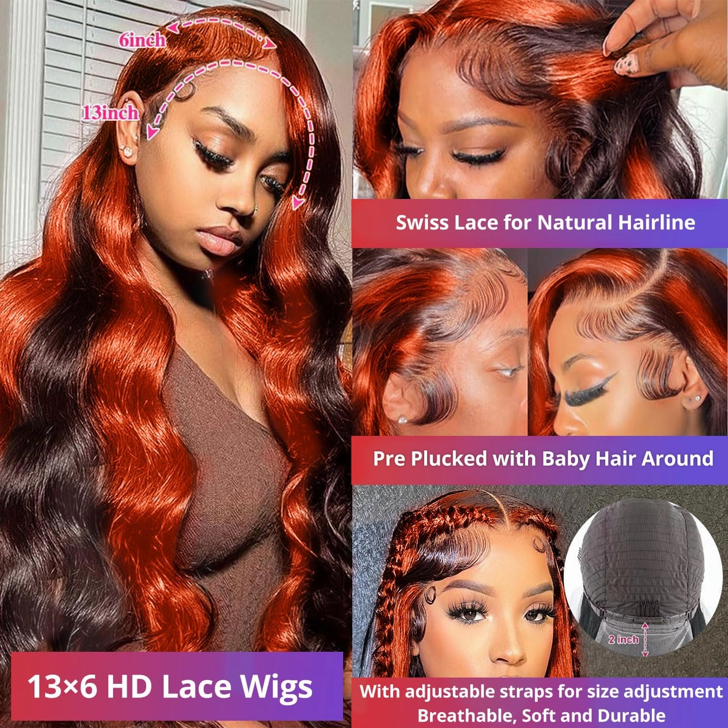 200% Density 13X6 Ginger 30 Inch Lace Front Wigs Human Hair Pre Plucked for Women Ombre 13X6 HD Transparent #350 Highlight Lace Front Wigs Human Hair Glueless Orange Colored Lace Front Wigs (30Inch)