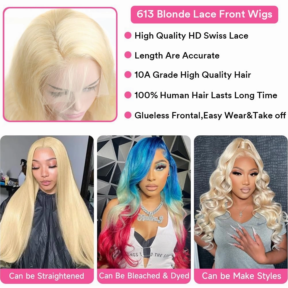 20 Inch 613 Lace Front Wig Human Hair, 13x4 Body Wave, Blonde Lace Front Wigs | Pre-Plucked with Baby Hair | 613 HD Lace Frontal Wig | Brazilian Virgin Human Hair | 180% Density Wigs