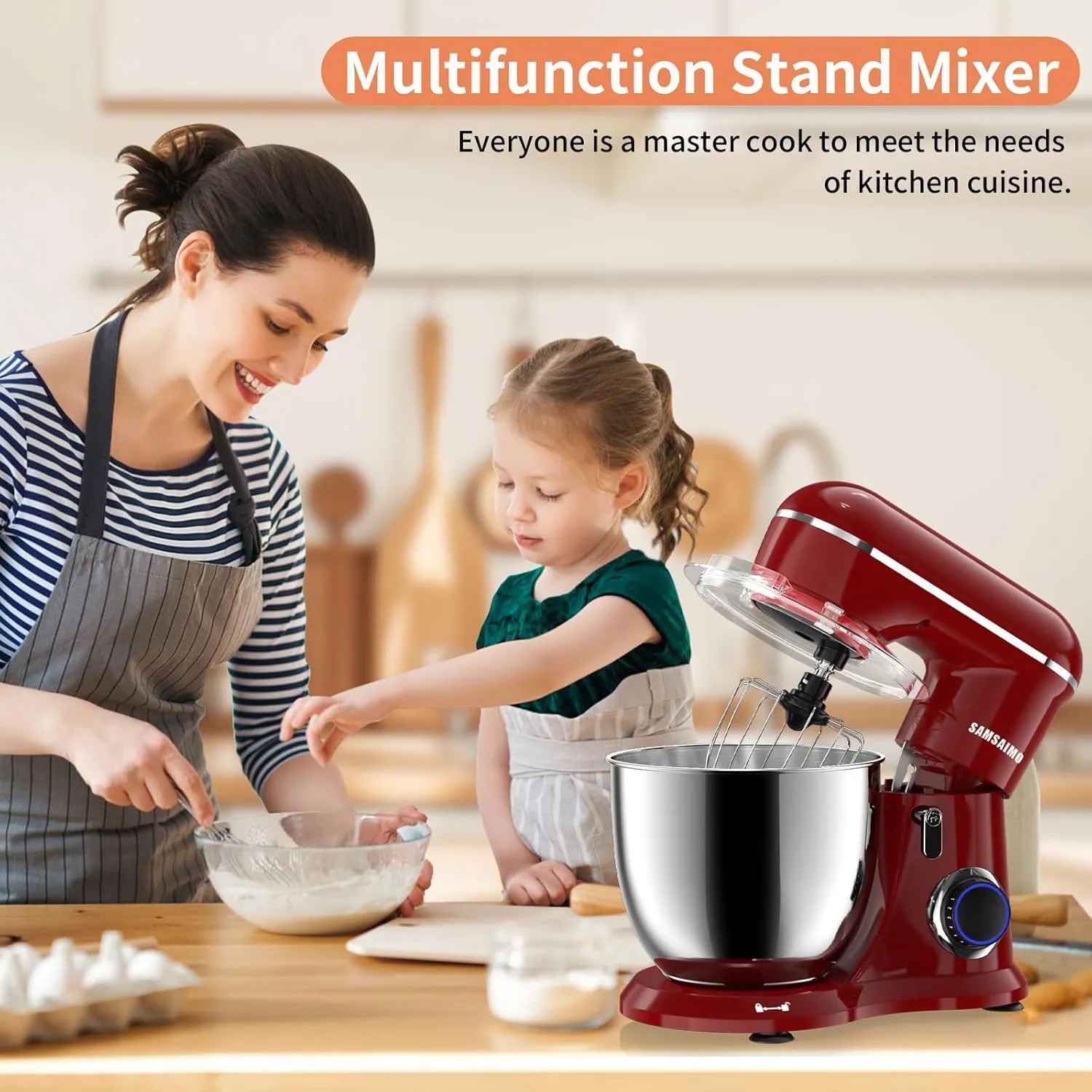 3-IN-1 Electric Stand Mixer, 660W 10-Speed With Pulse Button, Attachments include 6.5QT Bowl, Dough Hook, Beater, Whisk for Most Home Cooks, Empire Red