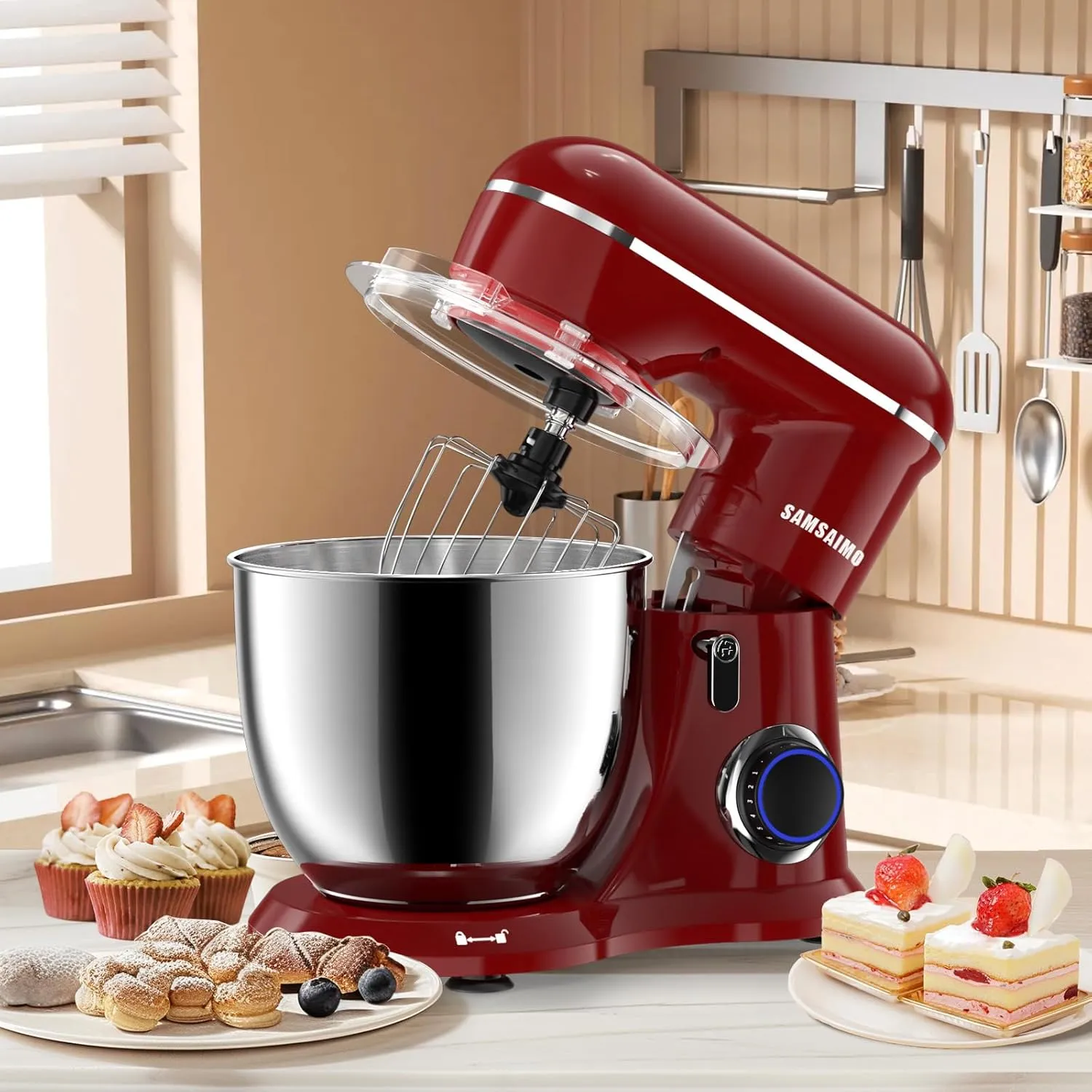 3-IN-1 Electric Stand Mixer, 660W 10-Speed With Pulse Button, Attachments include 6.5QT Bowl, Dough Hook, Beater, Whisk for Most Home Cooks, Empire Red