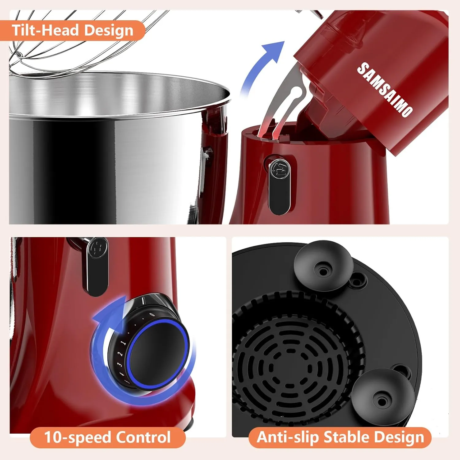 3-IN-1 Electric Stand Mixer, 660W 10-Speed With Pulse Button, Attachments include 6.5QT Bowl, Dough Hook, Beater, Whisk for Most Home Cooks, Empire Red