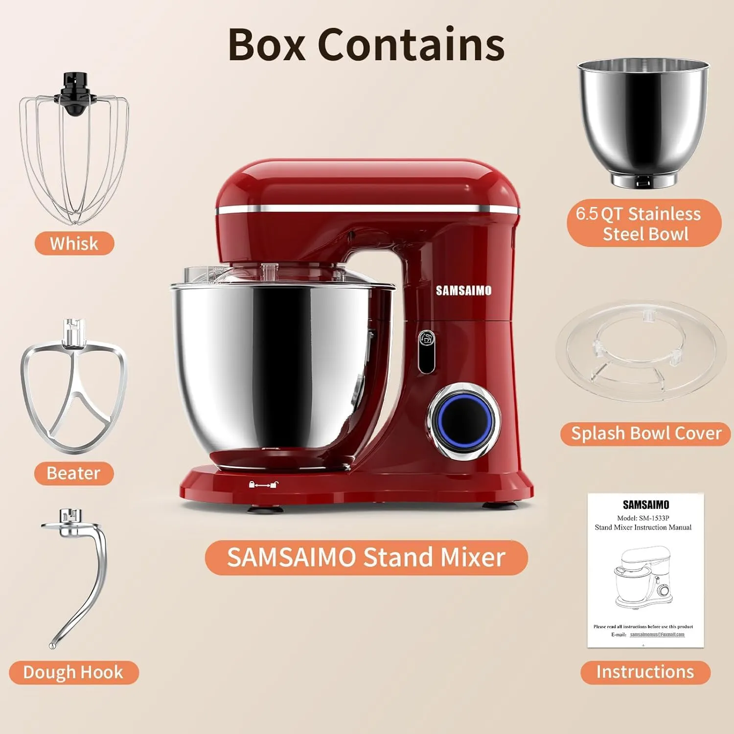 3-IN-1 Electric Stand Mixer, 660W 10-Speed With Pulse Button, Attachments include 6.5QT Bowl, Dough Hook, Beater, Whisk for Most Home Cooks, Empire Red