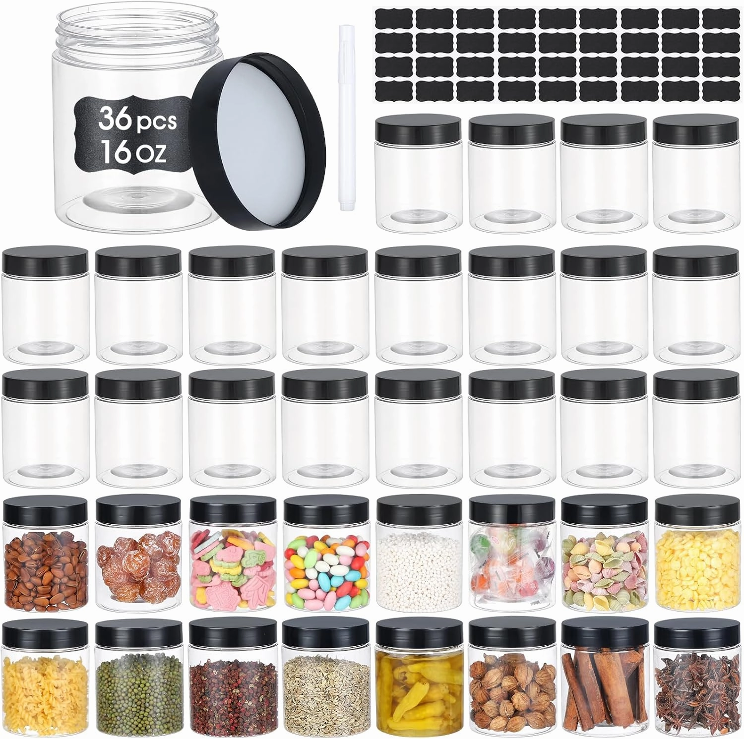 36PCS16OZ Plastic Jars with Screw On Lids, Pen and Labels Refillable Empty Round Slime Cosmetics Containers for Storing Dry Food, Makeup, Slime, Honey Jam, Cream, Butter, Lotion (matte black)