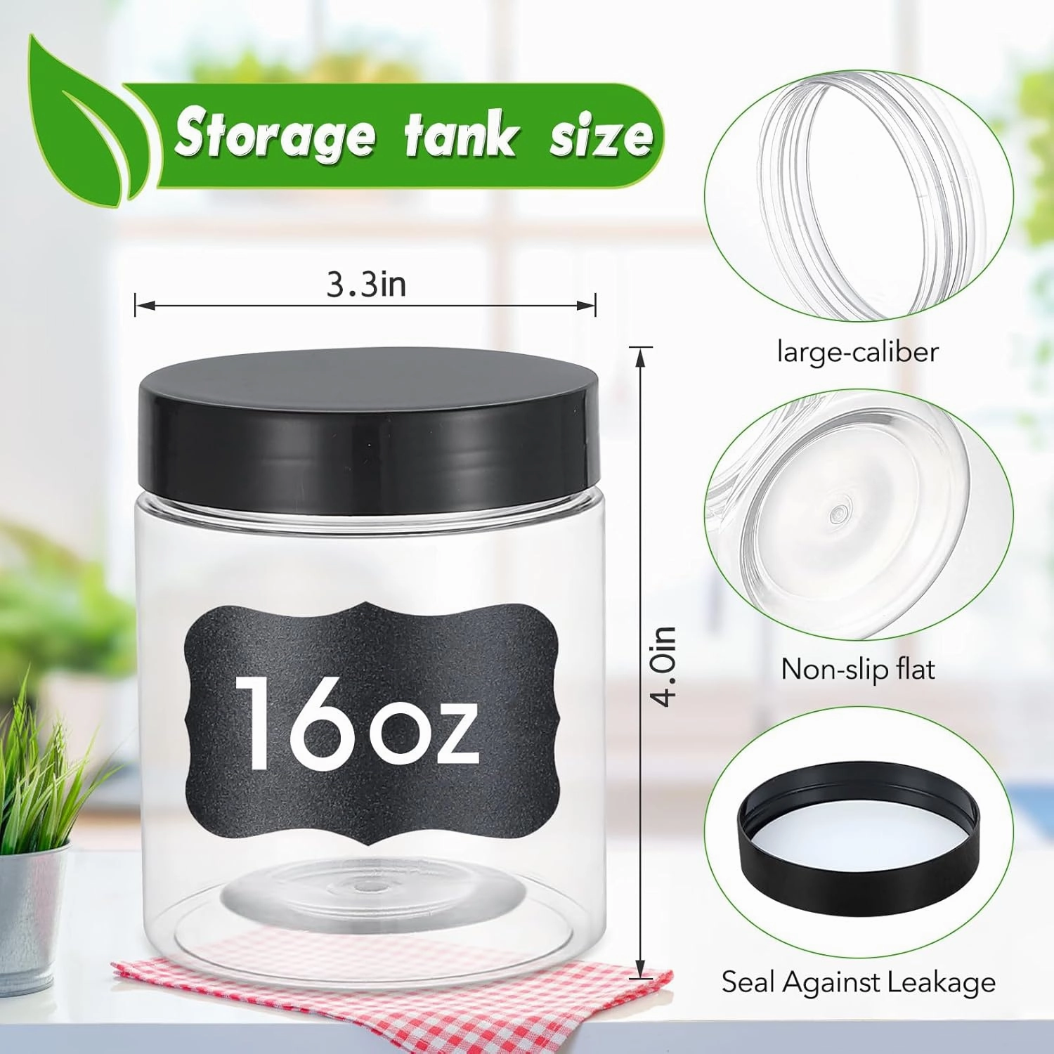 36PCS16OZ Plastic Jars with Screw On Lids, Pen and Labels Refillable Empty Round Slime Cosmetics Containers for Storing Dry Food, Makeup, Slime, Honey Jam, Cream, Butter, Lotion (matte black)