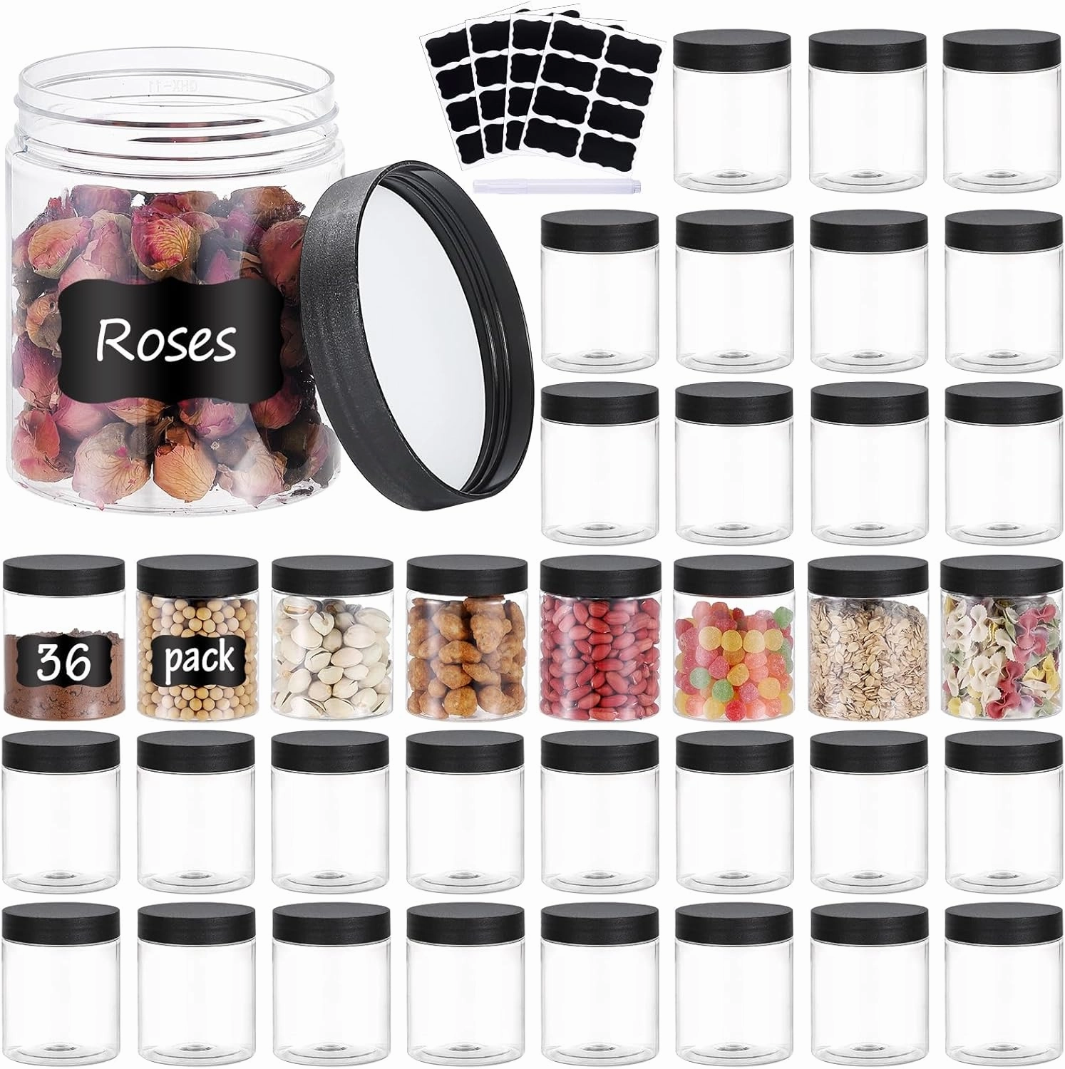 36PCS 8OZ Plastic Jars with Screw On Lids, Pen and Labels Refillable Empty Round Slime Cosmetics Containers for Storing Dry Food, Makeup, Slime, Honey Jam, Cream, Butter, Lotion (Black)