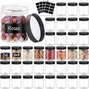 36PCS 8OZ Plastic Jars with Screw On Lids, Pen and Labels Refillable Empty Round Slime Cosmetics Containers for Storing Dry Food, Makeup, Slime, Honey Jam, Cream, Butter, Lotion (Black)