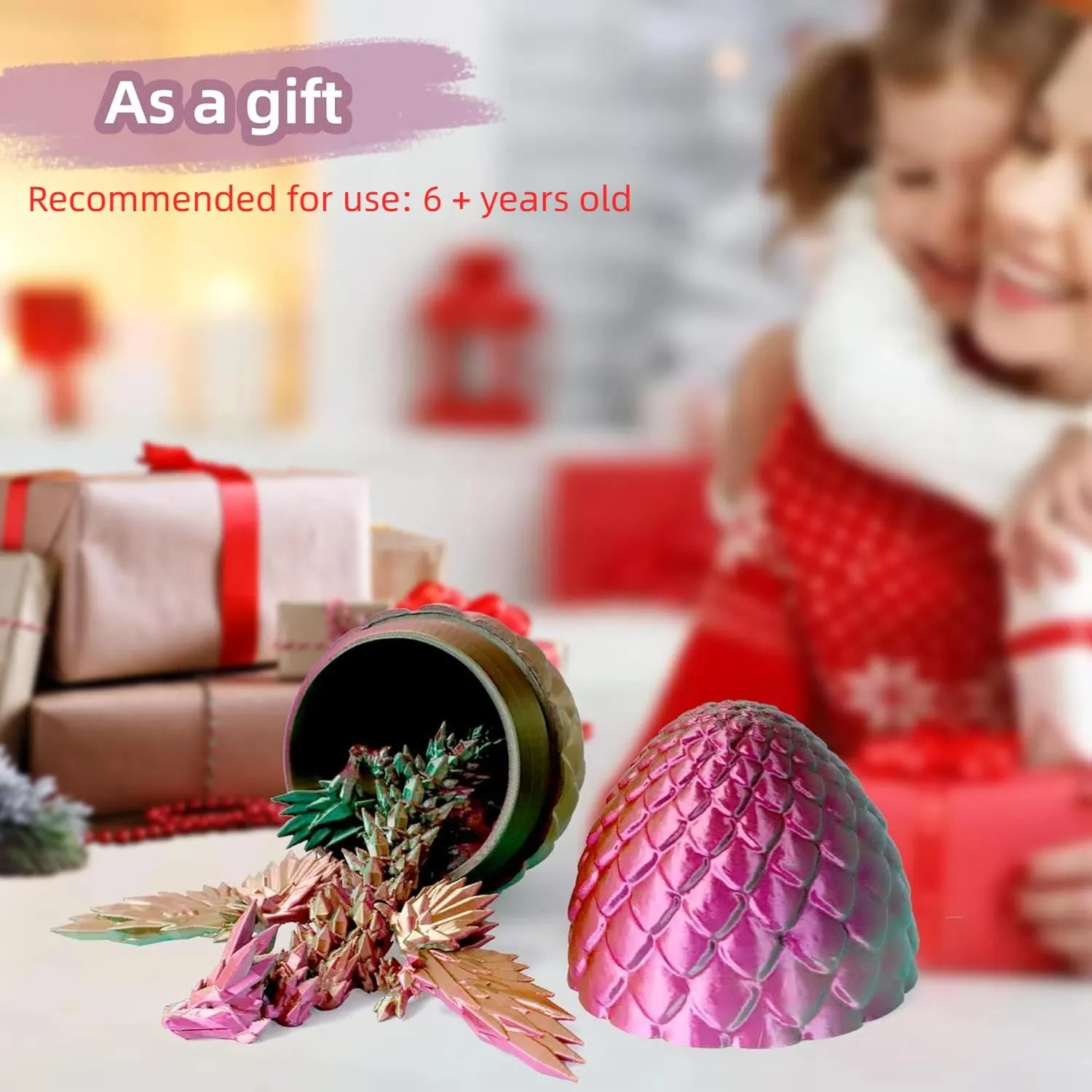 3D Printed Flying Dragon in Egg - Dino Egg with 9" Winged Dragon Inside, Colorful Fidget Toy, Birthday Gift, Flexible Desk Pet Figure, Mystery Dinosaur Eggs (Green Fuchsia Gold)