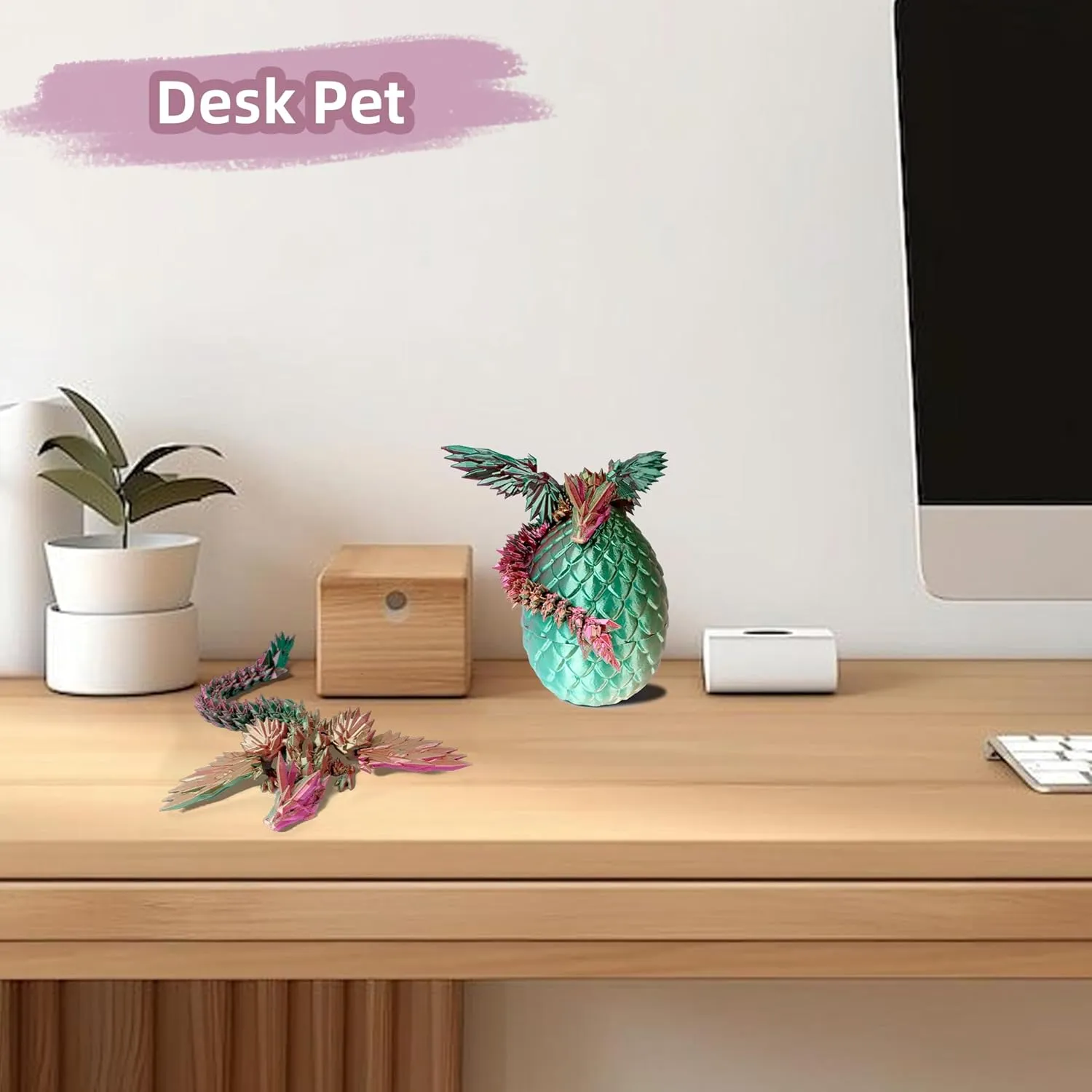 3D Printed Flying Dragon in Egg - Dino Egg with 9" Winged Dragon Inside, Colorful Fidget Toy, Birthday Gift, Flexible Desk Pet Figure, Mystery Dinosaur Eggs (Green Fuchsia Gold)