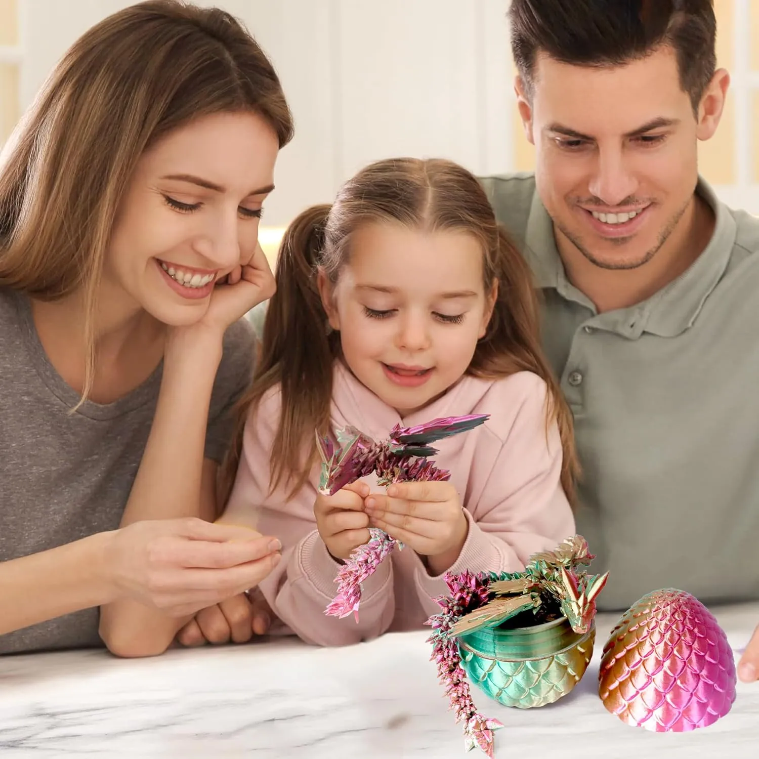 3D Printed Flying Dragon in Egg - Dino Egg with 9" Winged Dragon Inside, Colorful Fidget Toy, Birthday Gift, Flexible Desk Pet Figure, Mystery Dinosaur Eggs (Green Fuchsia Gold)