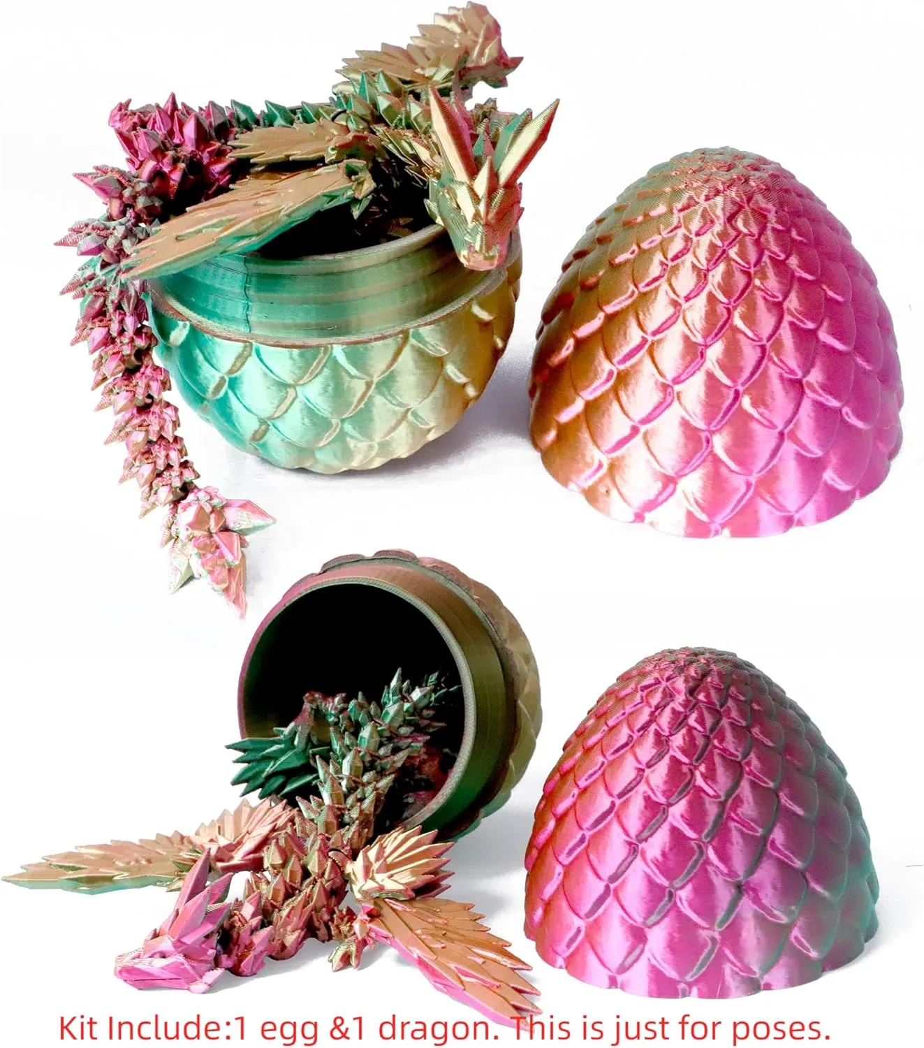 3D Printed Flying Dragon in Egg - Dino Egg with 9" Winged Dragon Inside, Colorful Fidget Toy, Birthday Gift, Flexible Desk Pet Figure, Mystery Dinosaur Eggs (Green Fuchsia Gold)