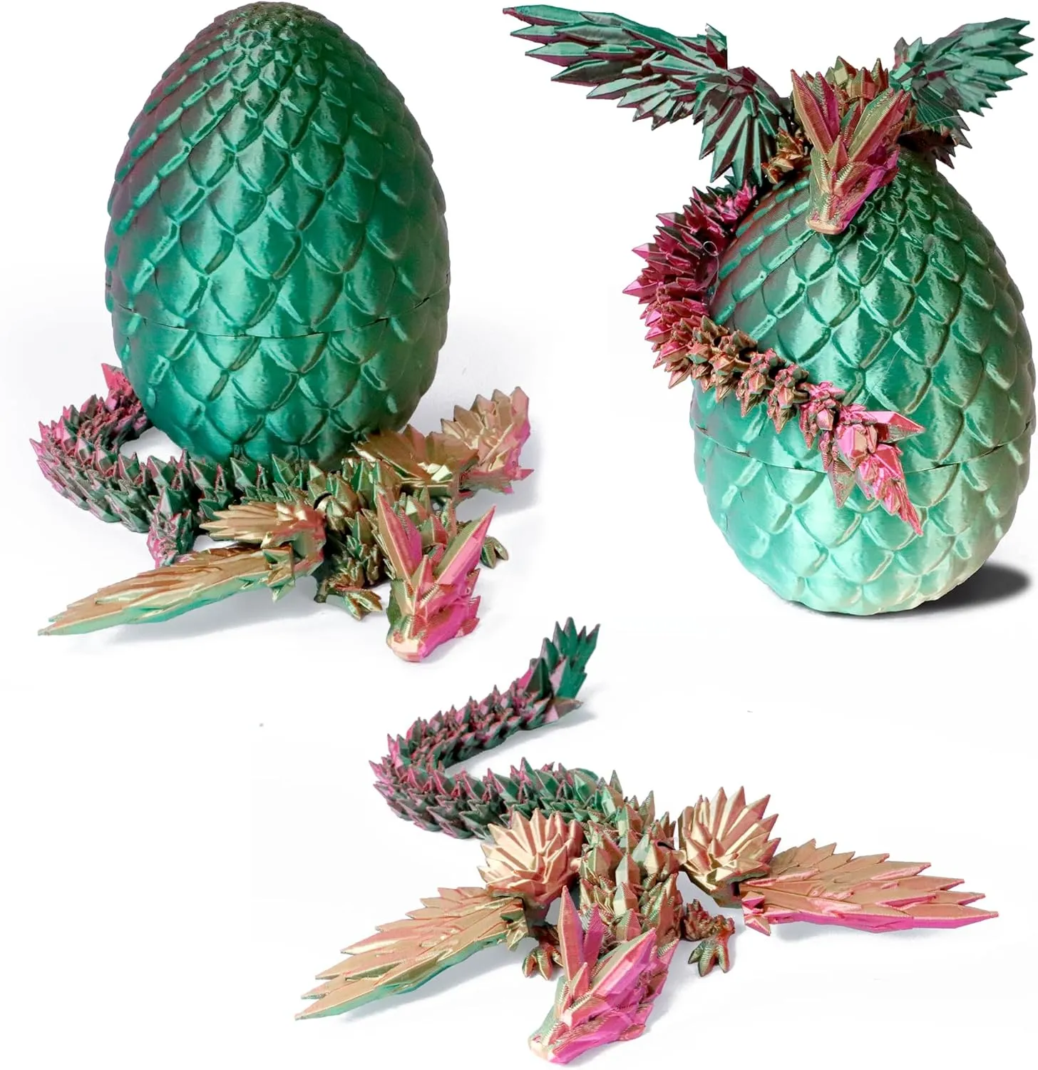 3D Printed Flying Dragon in Egg - Dino Egg with 9" Winged Dragon Inside, Colorful Fidget Toy, Birthday Gift, Flexible Desk Pet Figure, Mystery Dinosaur Eggs (Green Fuchsia Gold)