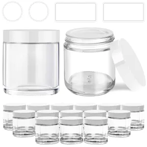 4 oz Glass Jars with Lids, 16 Pack Clear Cream Jars with Lids, White Labels & Inner Liners, Empty Round Slime Containers for Cream, Lotion-Clear