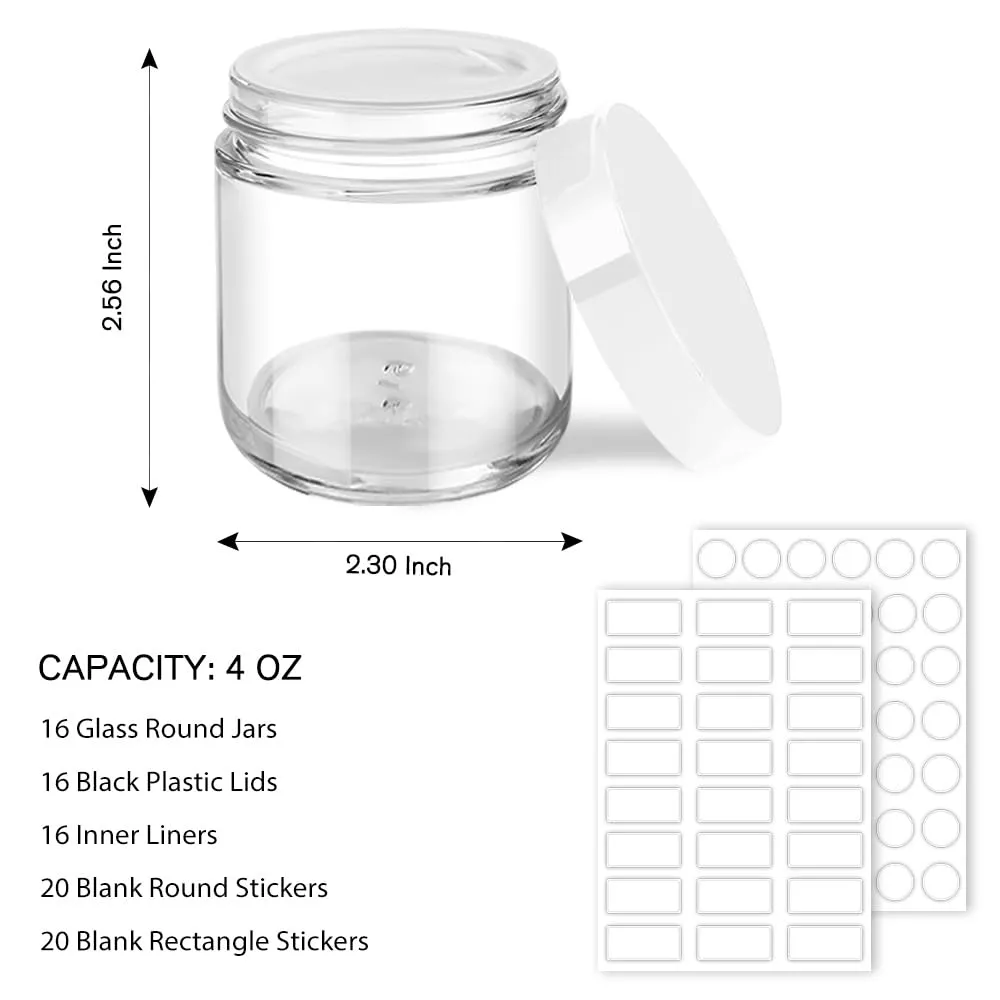 4 oz Glass Jars with Lids, 16 Pack Clear Cream Jars with Lids, White Labels & Inner Liners, Empty Round Slime Containers for Cream, Lotion-Clear
