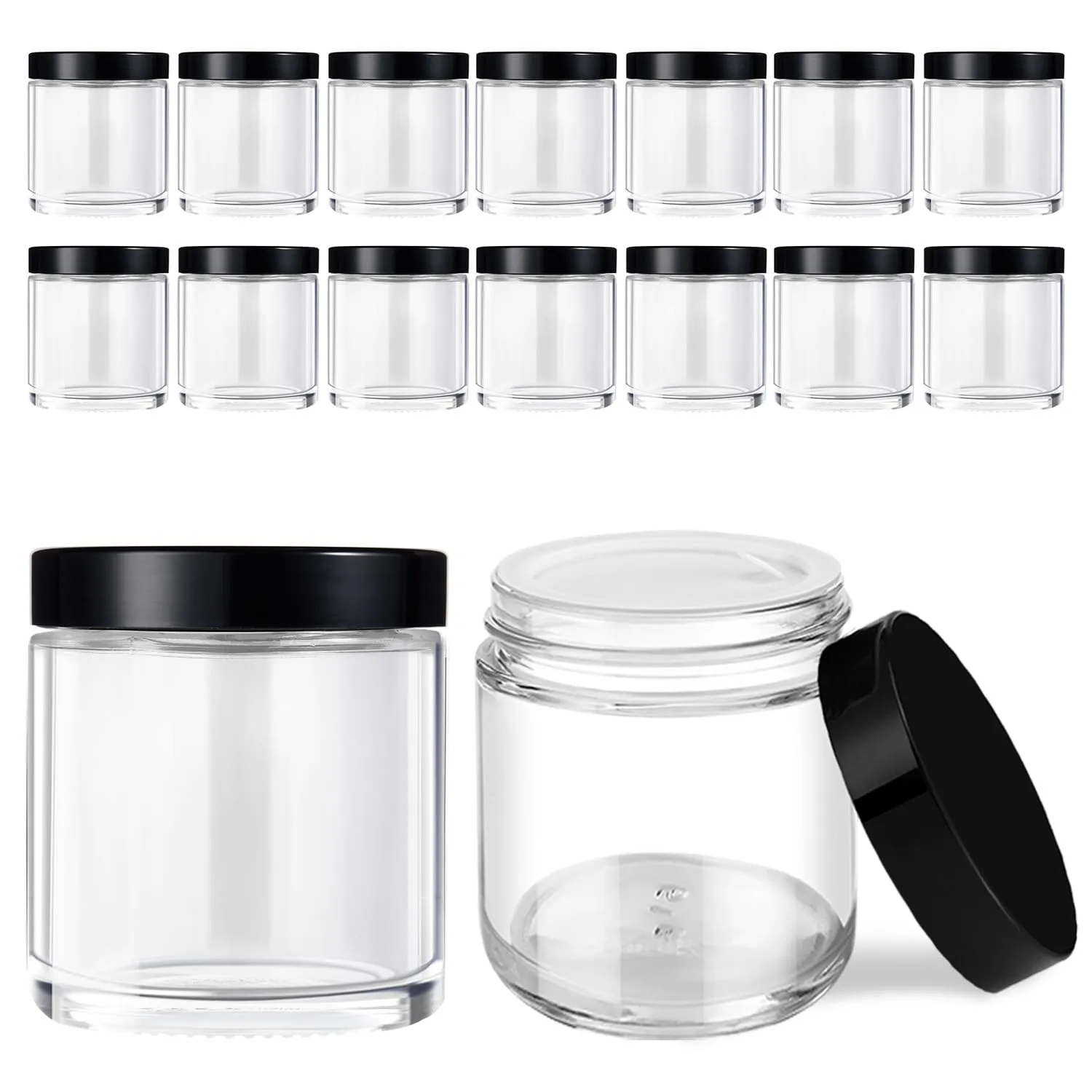 4 oz Glass Jars with Lids, Tecohouse 16 pack Clear Glass Jars with Black Lids & Inner Liners, Mini Travel Sample Containers for Slime, Makeup, Cream, Lotion, Cosmetic