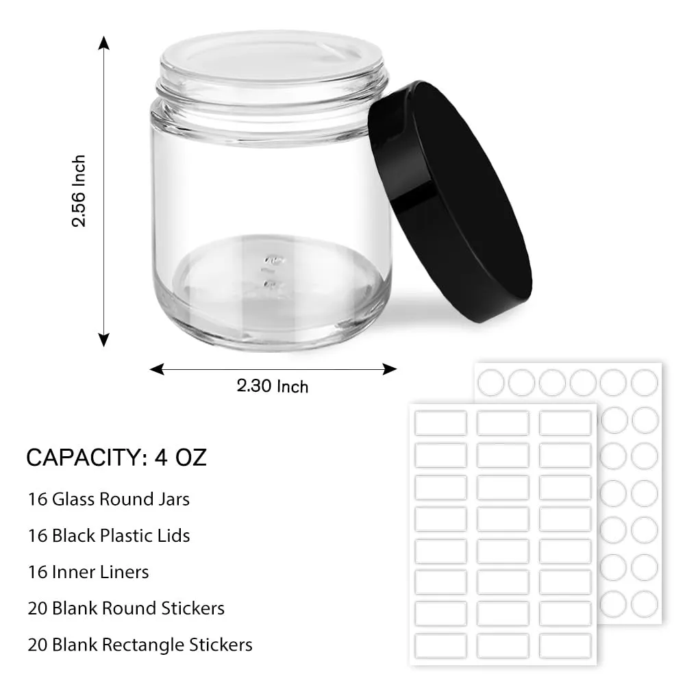 4 oz Glass Jars with Lids, Tecohouse 16 pack Clear Glass Jars with Black Lids & Inner Liners, Mini Travel Sample Containers for Slime, Makeup, Cream, Lotion, Cosmetic