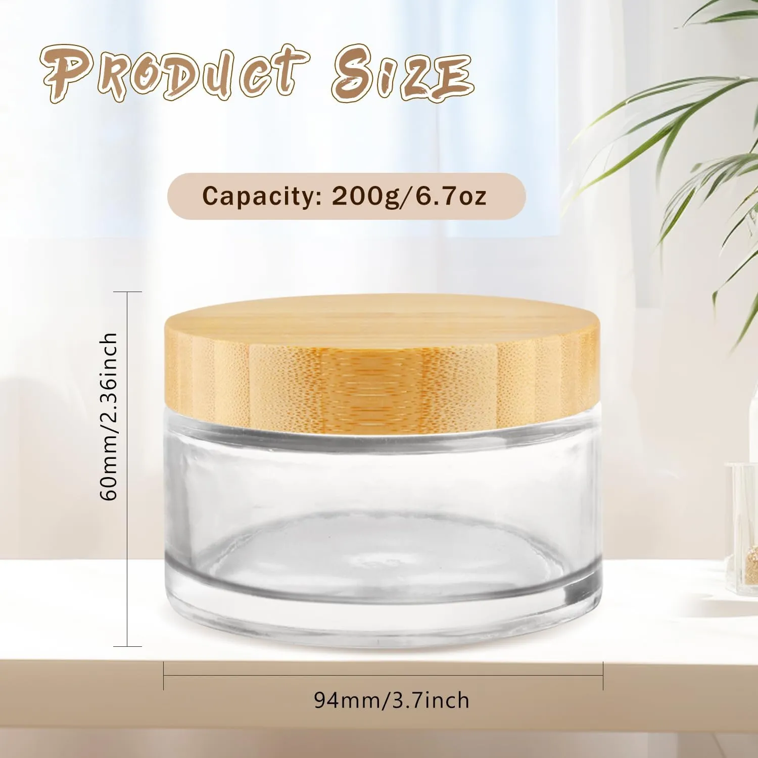 4 Pcs 200g/6.7oz Clear Cosmetic Containers Glass Jar Empty Sample Jars with Bamboo Lids for Cream Lotion Lip Balm Makeup